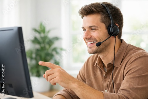 Tech Support Pro: A focused individual in a modern office environment, engaged in providing technical assistance or customer service, utilizing communication technology.