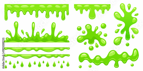 Bright green slime drips and splatters in various abstract shapes