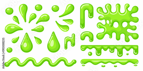 Collection of vibrant green slime drips splatters and flowing shapes