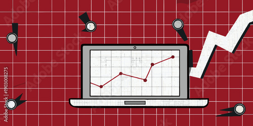 Laptop displaying a rising graph with scattered pins above it