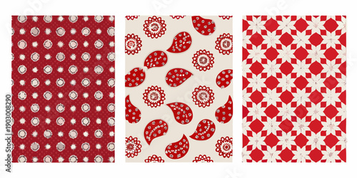 Three red and white patterned fabric swatches displayed vertically