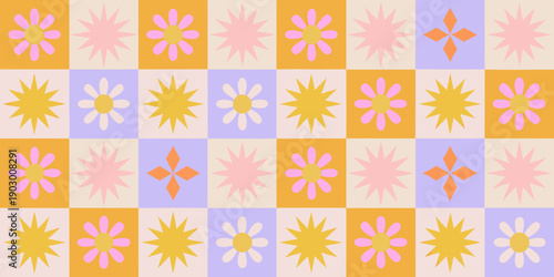 Retro floral pattern with repeating square motifs in pastel shades