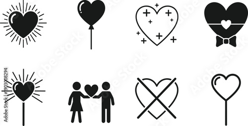 Heart icons set, love symbols for valentines day, romantic couple silhouettes, wedding celebration elements, sparkles heart, balloon shape, passion sign,