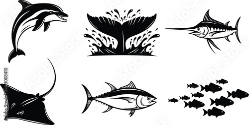 Marine life vector icon set, dolphin whale tail swordfish stingray tuna and school of fish, sea animal silhouettes for nautical,