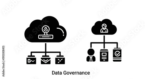 Data Governance Icons: Cloud Computing, Security, and Digital Information Flow