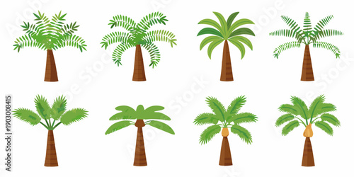 Collection of vibrant cartoon style palm trees on a white background