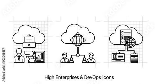 DevOps Icons: Cloud Computing, Networking, Data Management, Business Collaboration