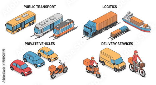 Isometric set of various transport vehicles for public, private, logistics, and delivery services.