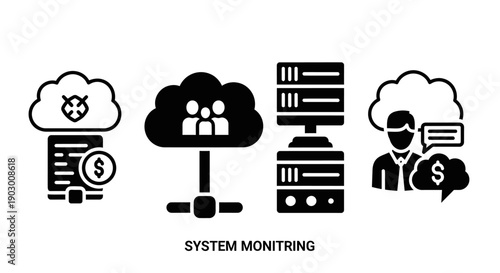 System Monitoring Icons: Cloud Security, Teamwork, Servers, Business Analytics
