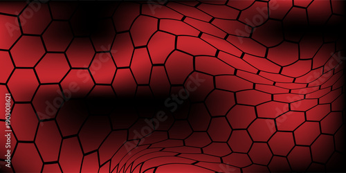 Abstract red and black background in the shape of a hexagon cube. Vector banner design.