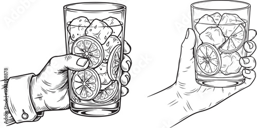 Hand holding a glass with ice cubes and lemon slices, refreshing cold drink illustration. 