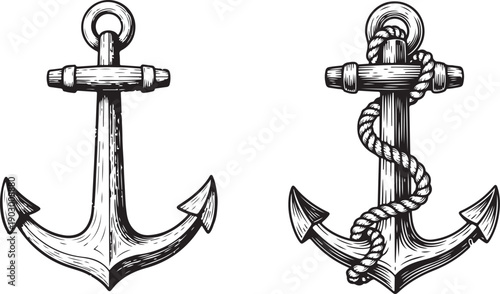 Nautical Anchor with Rope – Vintage Black and White Engraved Illustration. A detailed black and white illustration of a classic nautical ship anchor