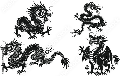 Oriental dragon silhouette collection featuring traditional Chinese mythical creatures, serpentine fantasy monsters, and ancient Asian spirit beasts for tattoo designs and gaming logos