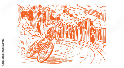 An energetic cyclist in a helmet and backpack navigates a winding forest road, enjoying a thrilling ride through the autumn woods.