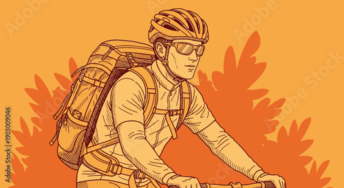 A male cyclist, helmeted and wearing sunglasses, carries a large backpack while riding his bike through a warm, stylized outdoor illustration.
