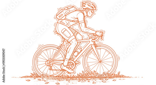 An energetic line art illustration captures a determined cyclist, wearing a helmet and backpack, vigorously riding a road bike, symbolizing outdoor pursuits and endurance.