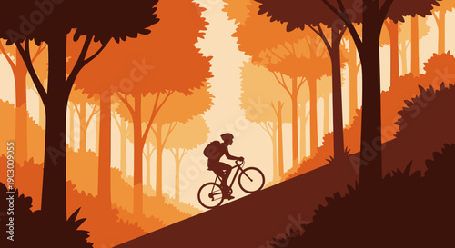 A lone cyclist with a backpack navigates a challenging uphill path through a serene, stylized forest at sunset, showcasing adventure and nature.