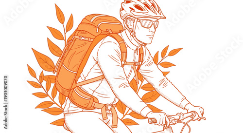 A determined male cyclist, equipped with a helmet, sunglasses, and a large backpack, enjoys an active outdoor ride amidst stylized foliage.