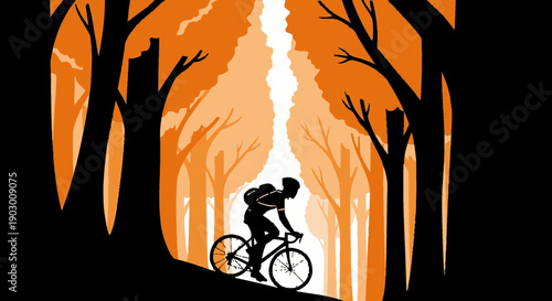 A solitary cyclist embarks on an uphill journey through a stylized, vibrant forest, bathed in the warm glow of a setting sun.