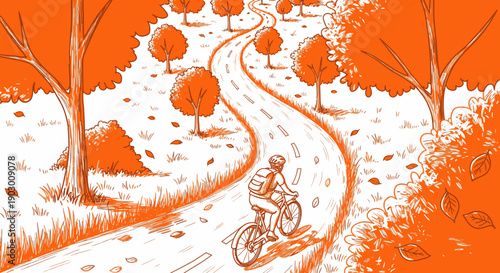 This vibrant orange illustration portrays a person gracefully riding their bicycle on a scenic winding path amidst a beautiful autumnal forest setting.