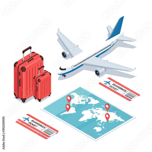 Isometric Travel and Tourism Concept with Airplane, Luggage, World Map, and Tickets.