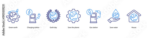 Earth Conservation web banner illustration featuring Green earth, Charging station, Earth day, Save the planet, Gas station, Save water, and House.