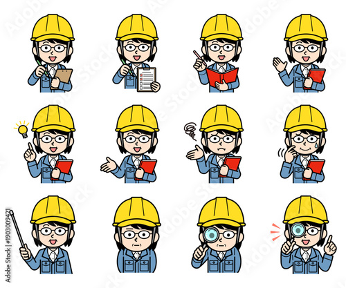 ヘルメットをかぶった現場監督の中年女性イラストセット