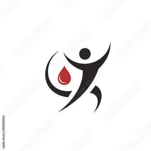 Minimalist black and red of a running figure with a droplet symbol