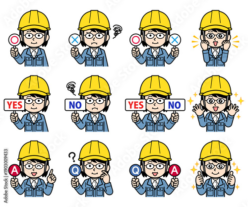ヘルメットをかぶった現場監督の中年女性イラストセット