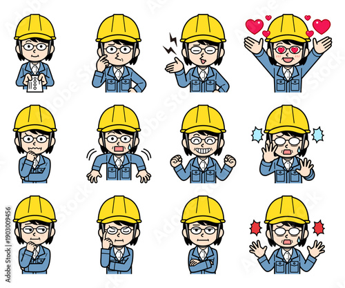 ヘルメットをかぶった現場監督の中年女性イラストセット