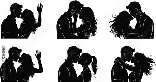 Romantic couple kissing silhouette set, man and woman in love, passionate lovers embrace collection, wedding and valentine day vector icons,