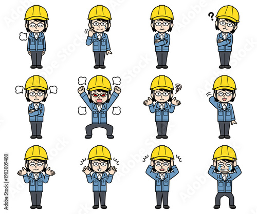 ヘルメットをかぶった現場監督の中年女性イラストセット