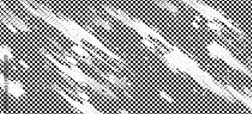 Racing flag grunge background monochrome with curly checkered banner with frayed edges and white copy space vector illustration