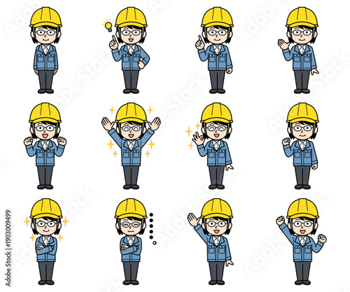 ヘルメットをかぶった現場監督の中年女性イラストセット