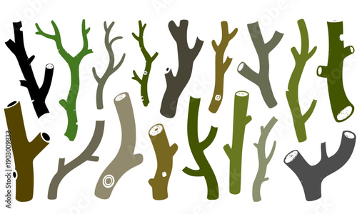 Tree branches and trunks collection in earthy colors perfect for forest nature woodland botanical environment landscape design and natural element illustration set