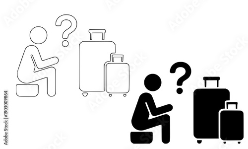 Confused traveler sitting with luggage and question mark in outline and silhouette versions perfect for travel delay problem tourism waiting airport assistance and journey uncertainty design
