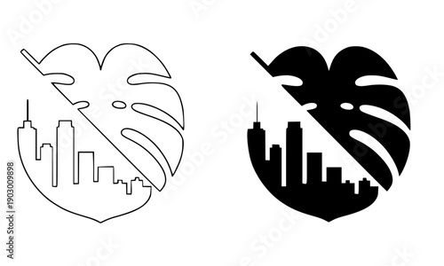 Monstera leaf with city skyline cutout in outline and silhouette circle versions perfect for urban nature eco city green architecture environmental sustainability and tropical design