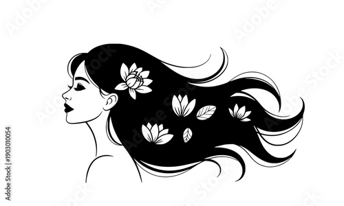  Beautiful woman profile with long flowing hair and flowers in black and white illustration perfect for beauty salon spa cosmetic branding and elegant feminine design