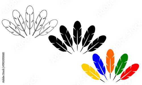 Feather design set with outline silhouette and colorful rainbow variations perfect for boho tribal decoration logo native american art and ethnic pattern elements