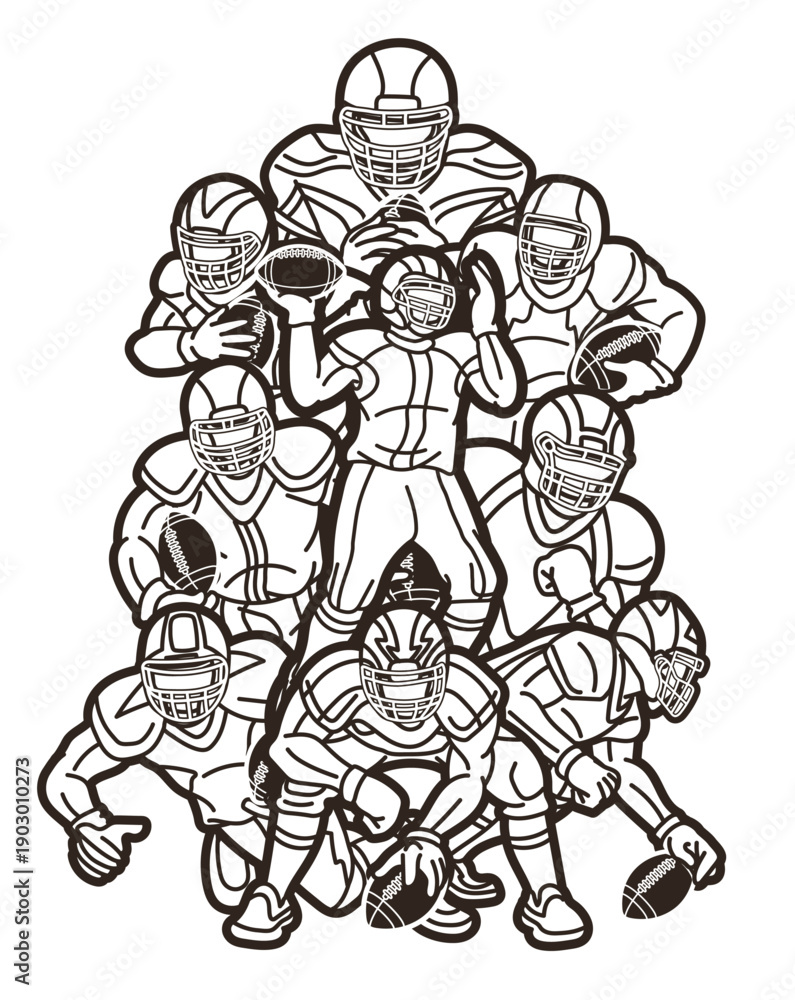 Fototapeta premium American Football Sport Team Group of Players Mix Action Cartoon Graphic Vector