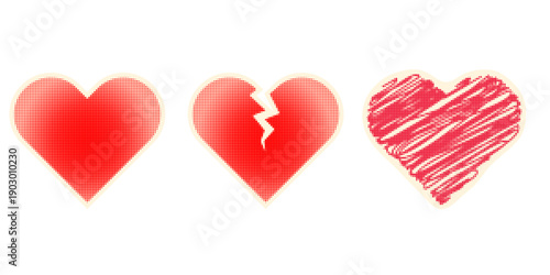 Pop art style red heart set including halftone pattern solid heart broken heart and sketched heart on white background in vibrant romantic design