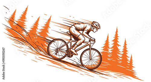 An energetic illustration depicts a cyclist racing downhill through a vibrant forest, showcasing the thrill of extreme outdoor sports.