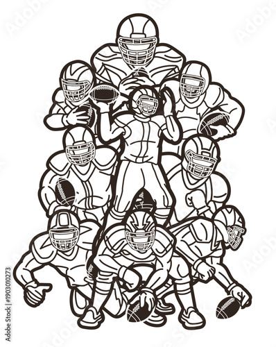 American Football Sport Team Group of Players Mix Action Cartoon Graphic Vector