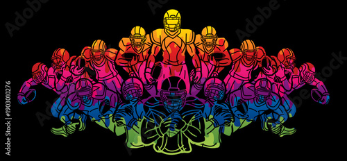 American Football Sport Team Group of Players Mix Action Cartoon Graphic Vector