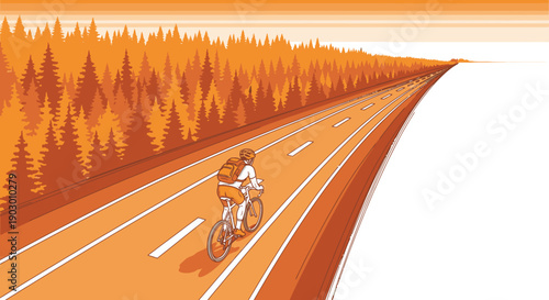 A lone cyclist with a backpack pedals down an endless highway stretching towards the horizon, flanked by a dense, monochromatic forest under an orange sky.
