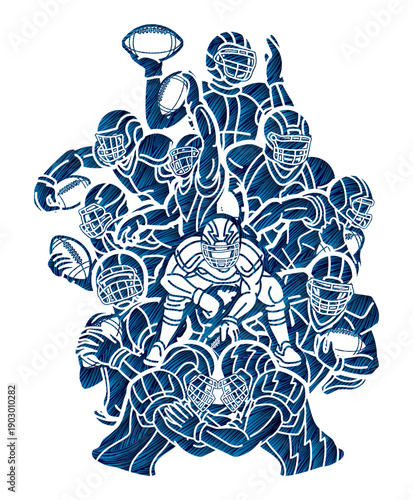 American Football Sport Team Group of Players Mix Action Cartoon Graphic Vector