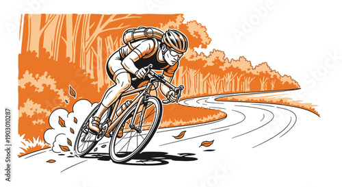 An energetic cyclist with a backpack navigates a winding road through an autumnal forest, showcasing the thrill of outdoor adventure and endurance.