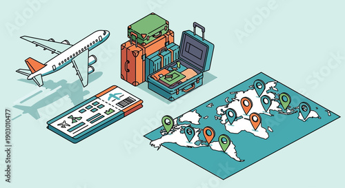 Travel planning essentials with airplane, luggage, tickets, and world map.