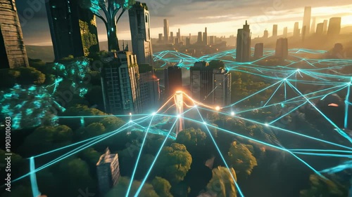 Futuristic city green architecture digital network cyber grid skyline with neon light urban forest smart city eco technology glowing circuit bio
