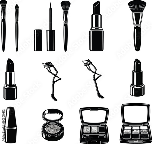 Variety of makeup products and brushes for beauty routine